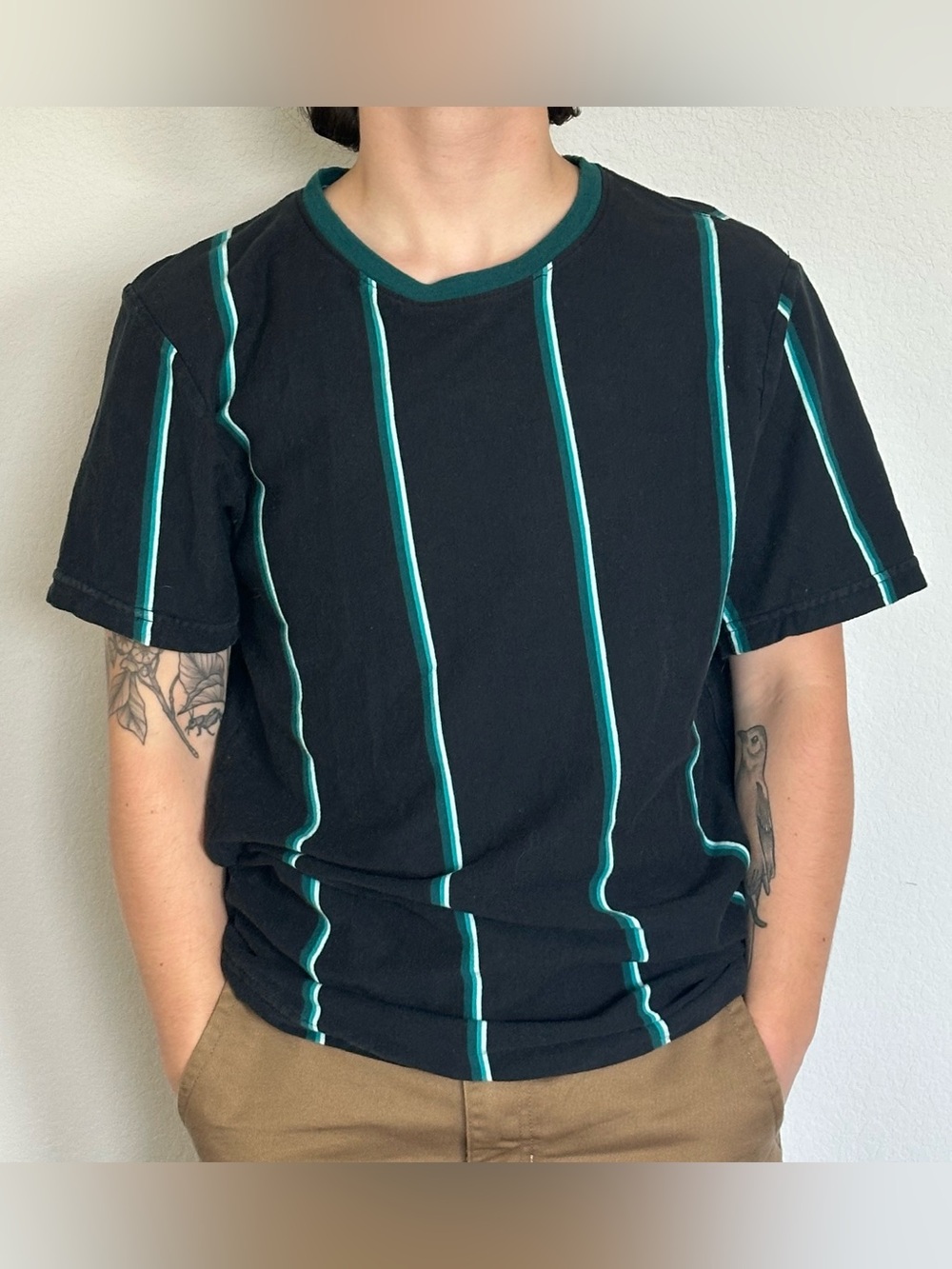 Black Tee with Green Stripe Crewneck Shirt